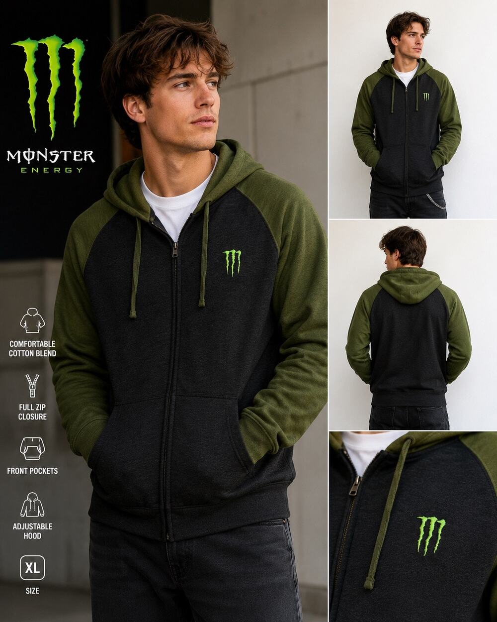 Monster Energy Zip Hoodie Mens XL Black Green Raglan Full Zip Sweatshirt